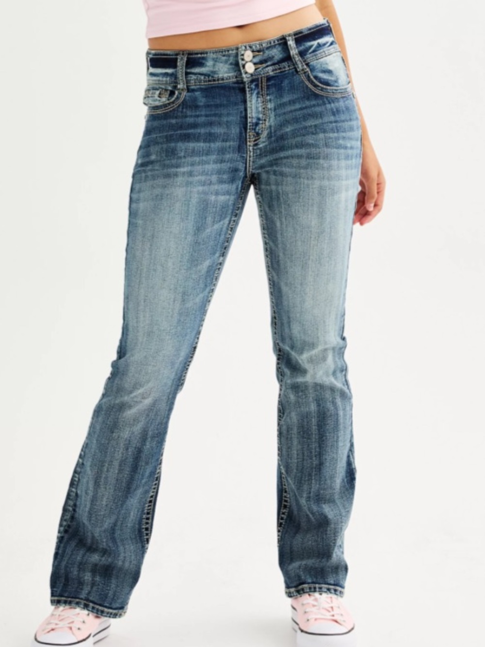 Wallflower Women's Boot Cut Jeans in Light-Mid Blue Wash